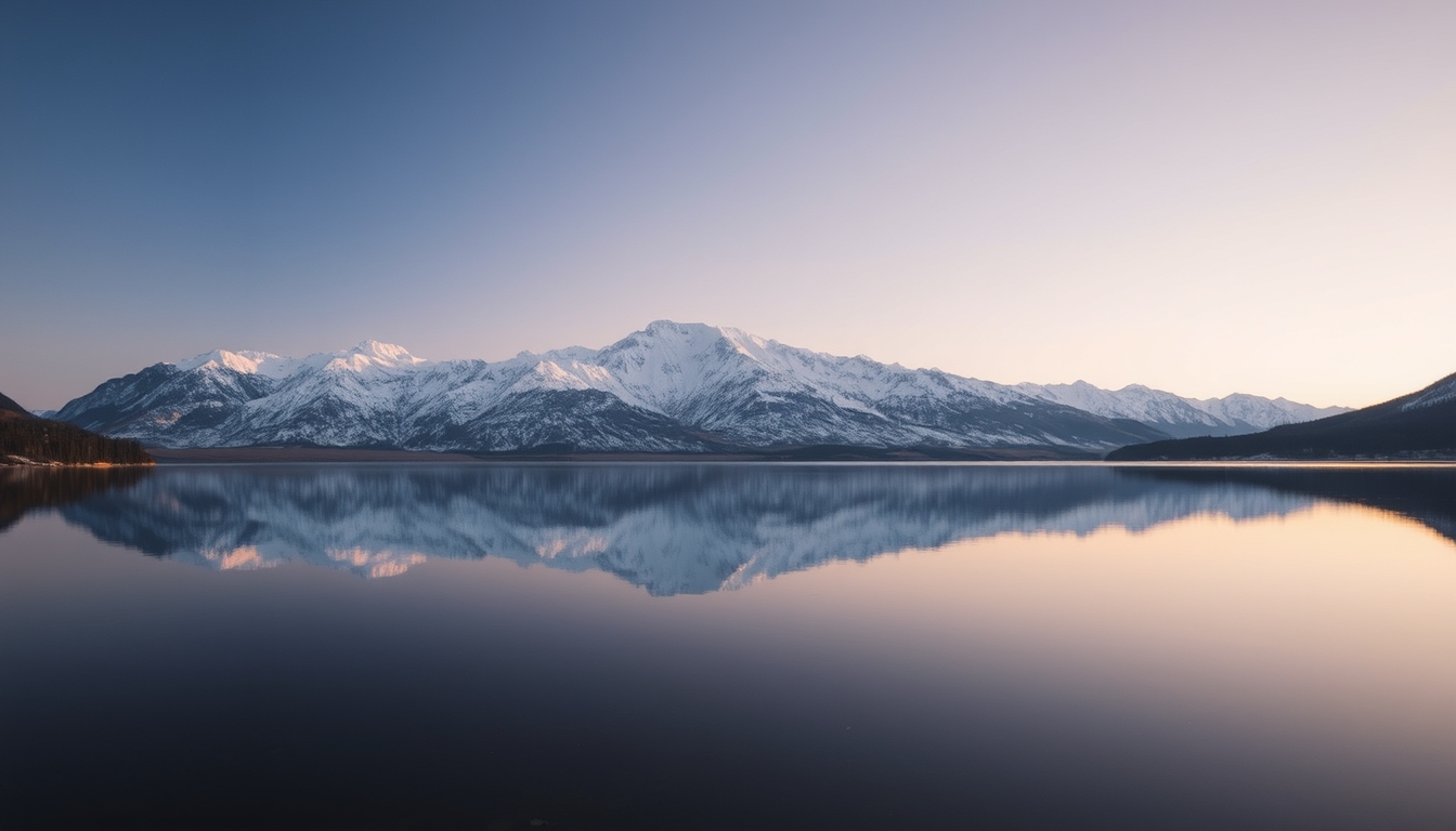 A glassy lake reflecting a snow-capped mountain range at dawn.