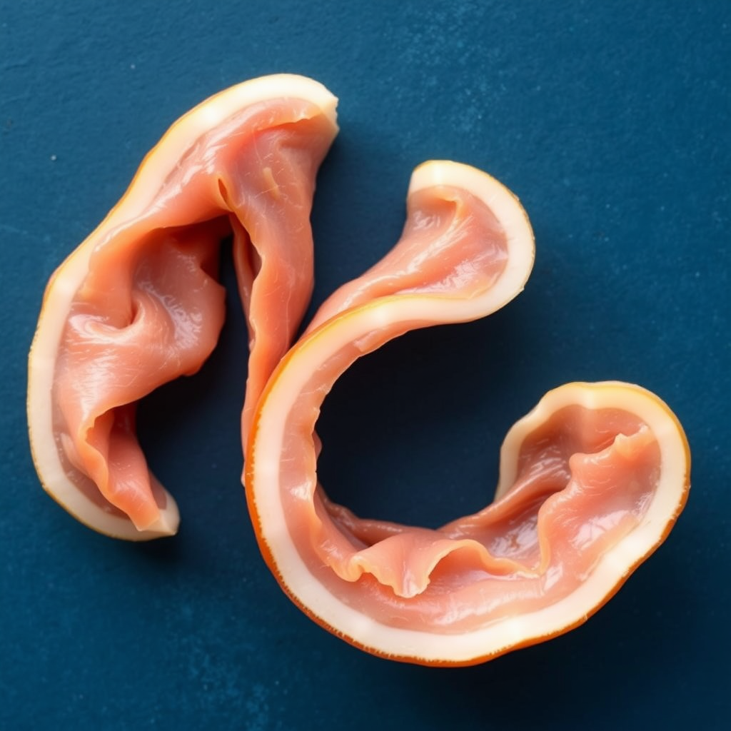 A letter "J" made of Spanish ham, blue background, realistic photograph.