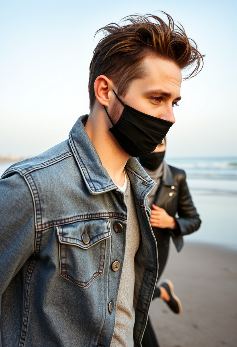 Jamie Dornan's head and body shot, handsome, black face mask, denim jacket, jeans, dating, love couple, with the biggest grey hijab Muslim girl, black face mask, beautiful eyes, black leather jacket, largest skirt, running together at the beach, hyper-realistic, street photography.