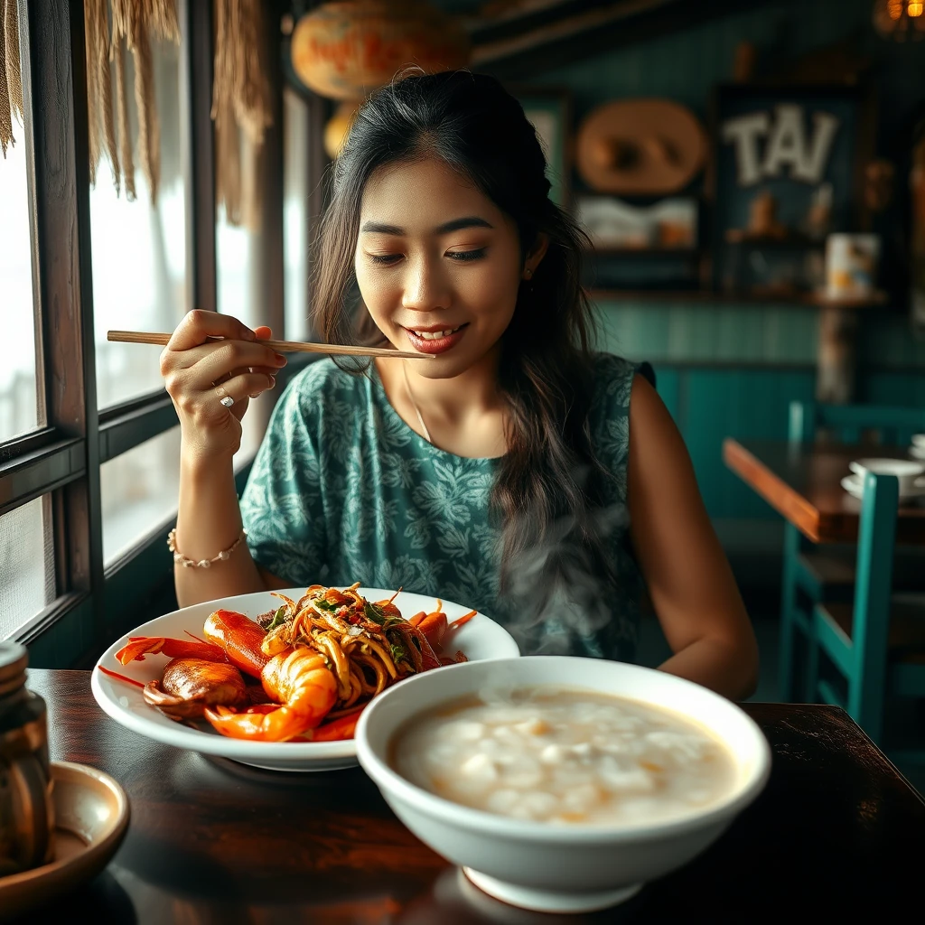 Breakfast Time Woman at island restaurant, savoring fresh seafood, steaming hot porridge, authentic island breakfast, taste buds leading the journey, photorealistic style