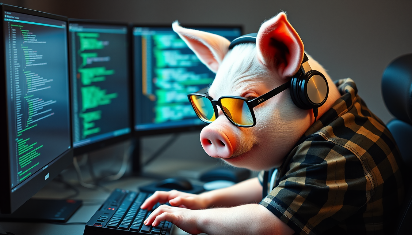 A tech-savvy pig coder, wearing yellow-tinted glasses and sleek noise-cancelling headphones, hunches over a cutting-edge multi-monitor setup. The anthropomorphic pig exudes focus, typing furiously. Dressed in a plaid t-shirt.