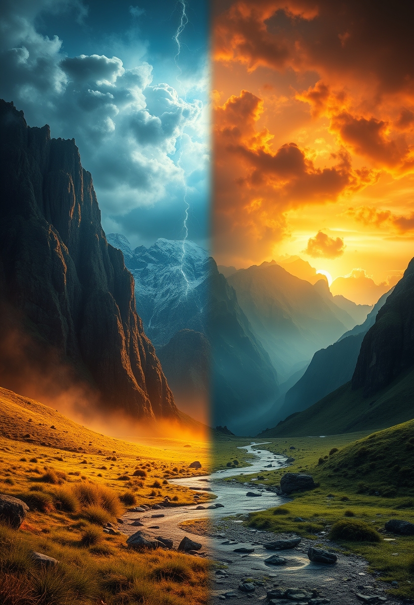 mystical landscape, Forces of Good versus Evil, day and night, duality, light and dark, contrasting colors, contrasting landscape, image split - Image