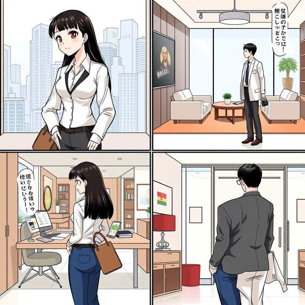 4 panels in Japanese manga style. In each panel, the characters are as follows:
Main Character: Anna
Gender: Female
Age: 30 years
Build: Slim
Skin Tone: Fair
Hairstyle: Long straight hair
Hair Color: Black
Eye Color: Brown
Outfit: Formal workplace attire (white shirt and black suit pants)
Accessories: Handbag
Personality: Positive, confident, witty

Supporting Character: Xiao Li
Gender: Male
Age: 35 years
Build: Average
Skin Tone: Fair
Hairstyle: Short hair
Hair Color: Brown
Eye Color: Black
Outfit: Casual wear (blue jeans and a t-shirt)
Accessories: Glasses
Personality: Helpful, reliable, humorous

{Top Left Corner}
Medium shot
Anna stands confidently in front of the real estate office,looking at the entrance.
Hands on hips, smiling
The background displays a modern cityscape with tall buildings.

{Top Right Corner}
Wide shot
Anna and Xiao Li walk into the office, greeted by the real estate agent.
The scene shows an elegantly decorated office interior, with a reception area featuring a sofa and table.

{Bottom Left Corner}
Medium shot
Anna and Xiao Li sit at a table while the real estate agent presents property information.
Anna is focused on the information, and Xiao Li is nodding.
The scene shows multiple property documents and a computer on the table.

{Bottom Right Corner}
Background shot
Anna and Xiao Li are preparing to leave the office.
Anna and Xiao Li are facing away from the camera.
The background shows the office's main entrance.