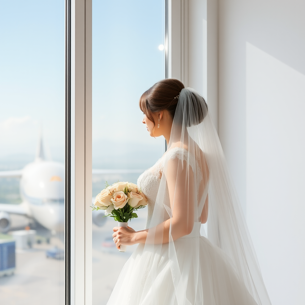 Create a bride looking out a window it will be a modern bride 2024 type - Image