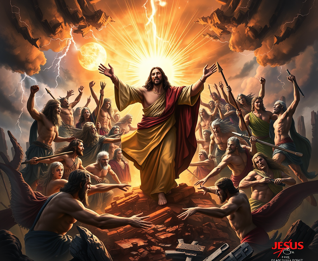 {
  "prompt": "Jesus punishing all the gods of Olympus",
  "style": "Epic and dramatic",
  "color_scheme": "Dark and ominous with flashes of divine light",
  "composition": "Jesus in the center, surrounded by the gods of Olympus in various states of defeat",
  "subjects": "Jesus, Zeus, Hera, Poseidon, Hades, Athena, Apollo, and other Olympian gods",
  "background": "Stormy sky with lightning, Olympus in ruins",
  "lighting": "High contrast with divine light from Jesus, casting shadows on the gods",
  "mood": "Powerful, vengeful, and dramatic",
  "reference_images": 
  "resolution": "1920x1080"
}