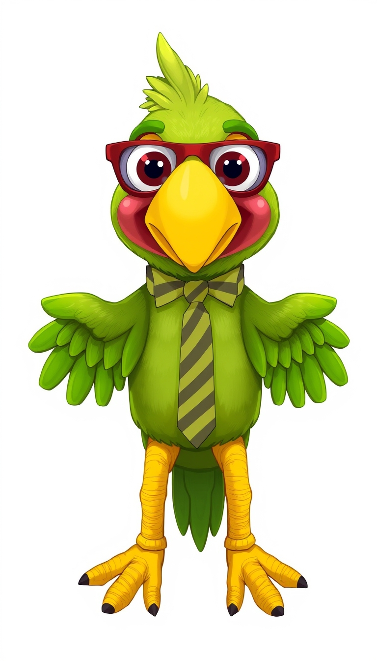 Create a design for a stuffed parrot puppet. The puppet should be colorful and have a fun, friendly look, with exaggerated, expressive features. The parrot should have bright green feathers, a large, yellow beak, and big, expressive eyes. It should wear a distinctive accessory, such as a quirky tie or big, comical sunglasses. Add details such as movable wings and bendable legs for easy manipulation.