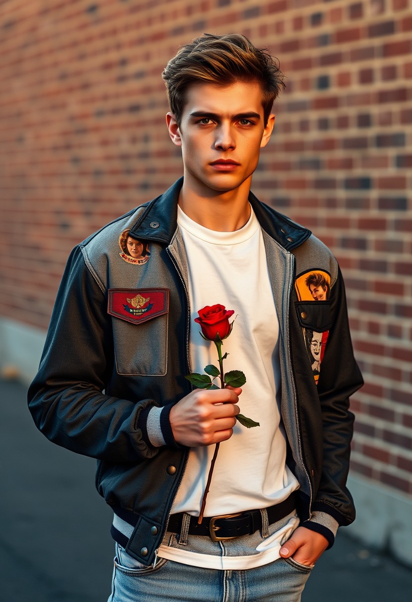 Freddie Prinze head and body shot, handsome, young, serious face, white t-shirt, collage jacket, jeans, sneakers, holding a red rose, hyper-realistic, street photography, brick wall, full body photo, sunrise.