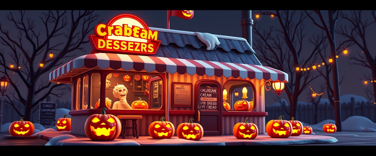 Ice cream parlor with jack-o'-lanterns, festive Halloween theme, 3D illustration. - Image