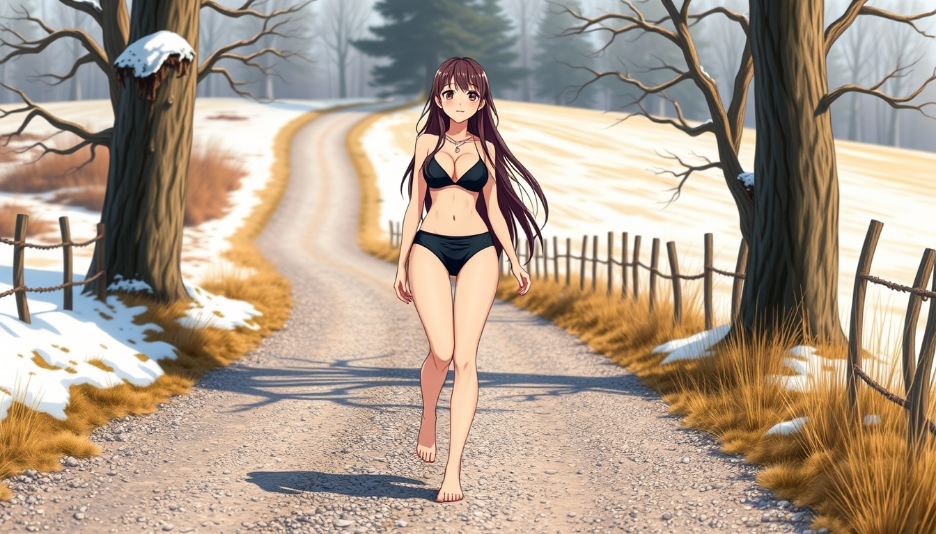 Anime style, a beautiful brunette girl with long hair wearing a black bikini walking on a gravel, snow-capped country road, barefoot, smiling, model body type. - Image