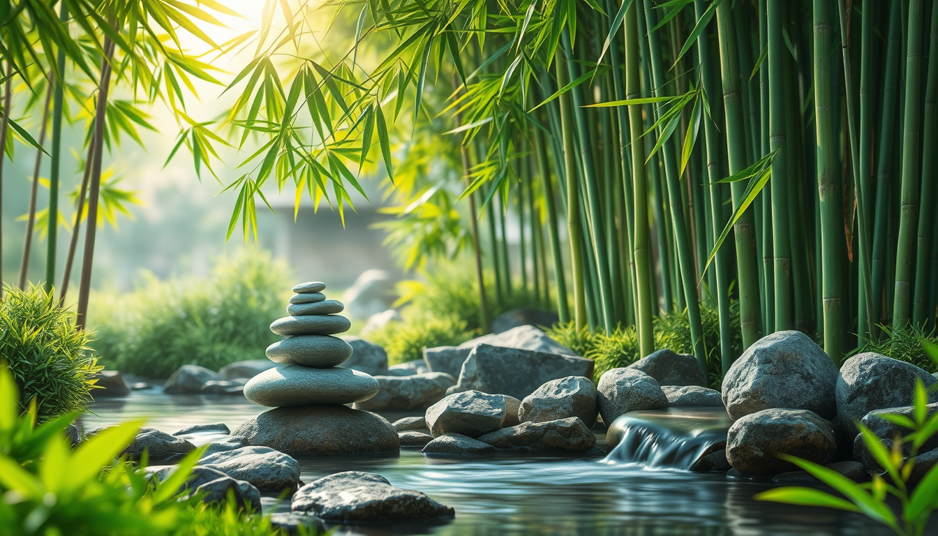 This picture depicts a peaceful natural scene with lush green bamboo, stacked pebbles, and a gently flowing stream. Sunlight filters through the leaves, creating a relaxing and tranquil space, like a meditative painting.