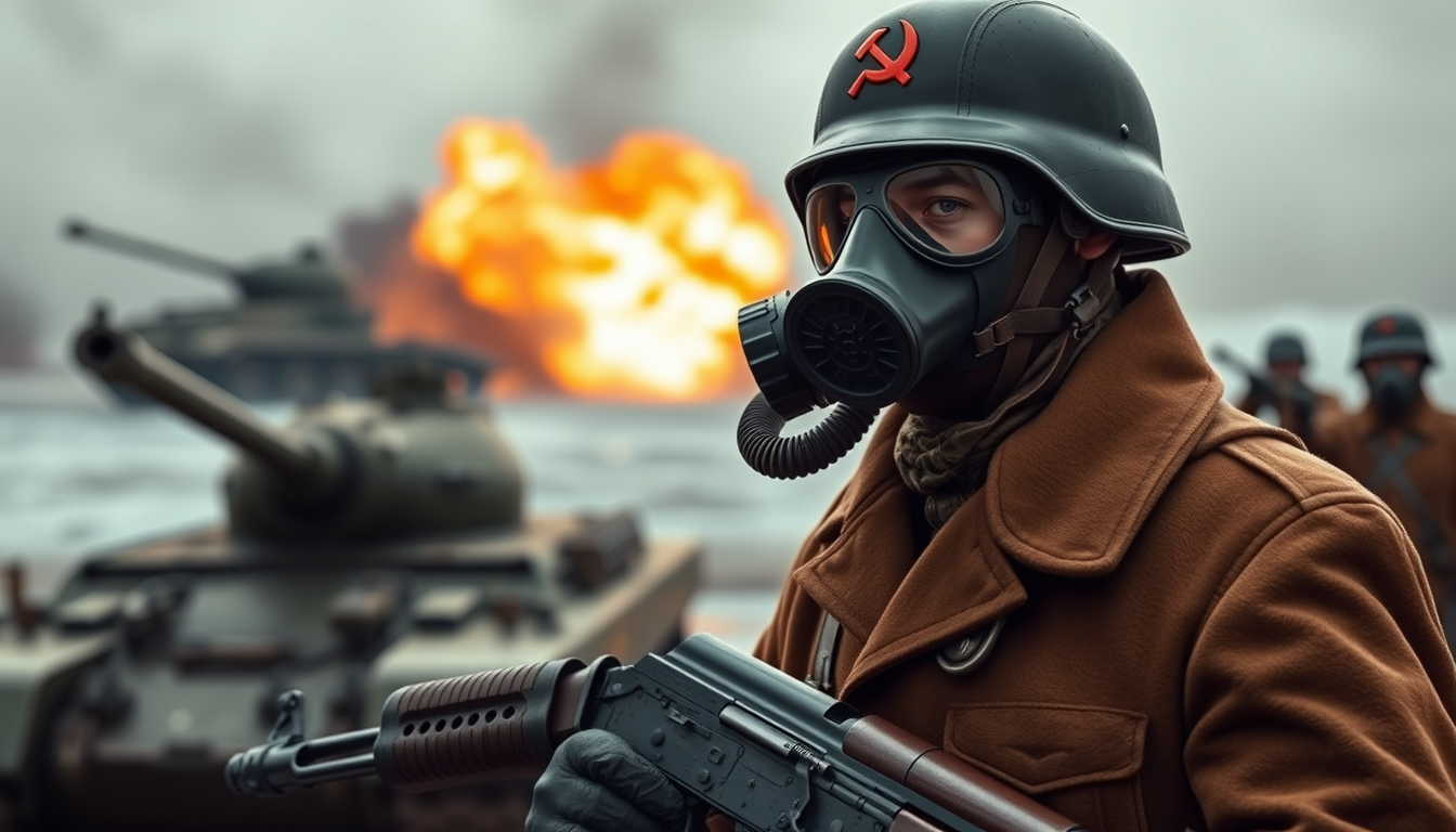 Generate a Soviet conscript soldier, wearing a gas mask with a tube connected to the air filter, wearing a Russian-style helmet adorned with the red Soviet hammer and sickle logo, dressed in a brown long coat, black leather gloves, and a brown leather belt, holding an AK-47 automatic rifle, standing in a battlefield, with similar soldiers in the background, an explosion occurring in the background, and Soviet T-54 tanks also in the background, with the background blurred. - Image