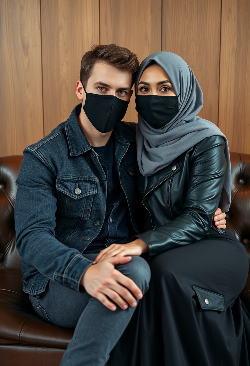 Jamie Dornan's head and body shot, handsome, black face mask, denim jacket, jeans, dating, love couple, with the biggest grey hijab Muslim girl, beautiful eyes, black face mask, black leather jacket, biggest skirt, hyper-realistic, studio photography, sitting on a classic leather sofa, wooden wall.