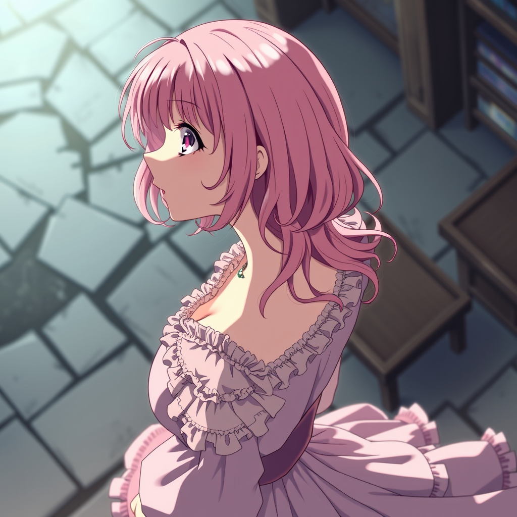 Anime art of a motherly woman, looking away, from above, pink hair, frilly dress, detailed scene, stunning details, trending on ArtStation, anime artwork, anime cel shading. - Image