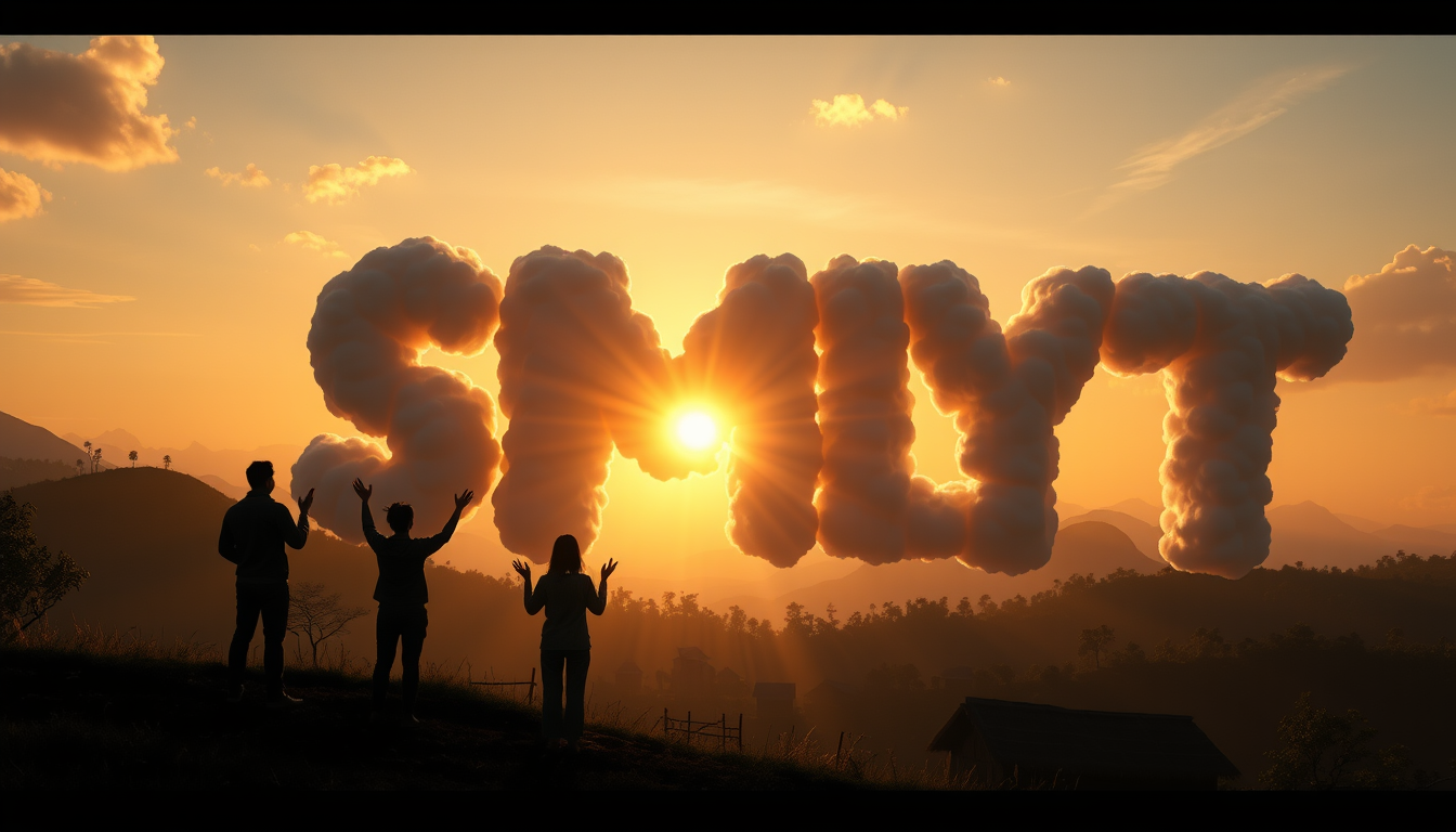 3D Pixar style: Silhouettes of a group of people stand on a hilltop against the rising sun, overlooking a valley with traditional bamboo huts. Streams of light from their hands spell out "SMLYT" across the sky. The letters are rendered as massive, cloud-like formations with hyper-realistic textures. Sunlight interacts with the letters, creating vivid crepuscular rays that pierce through the characters and illuminate the landscape below. - Image