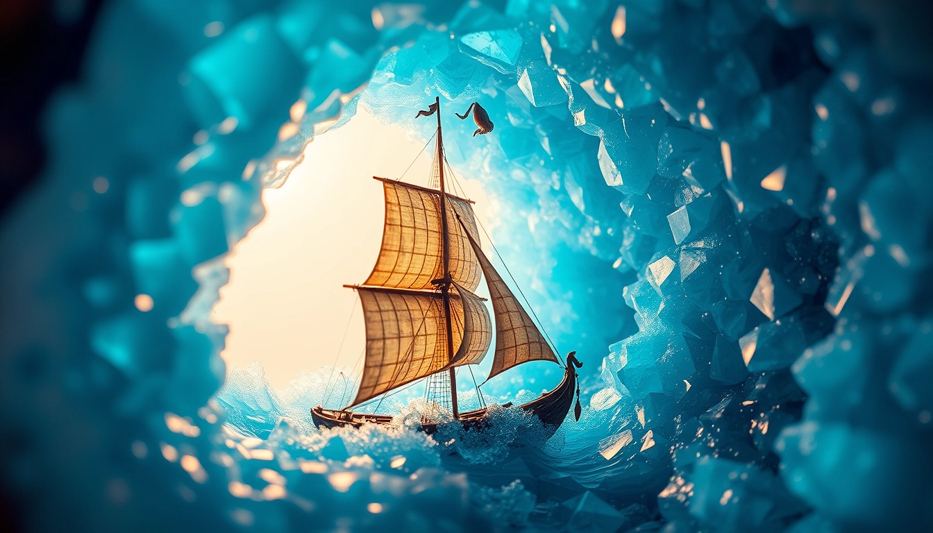 In the crystalline depths of an azure geode, a miniature world thrives, where oceans ebb and flow through the faceted chambers, and a ghostly galleon navigates the tides of liquid quartz, its weathered masts reaching towards the prismatic vault above.