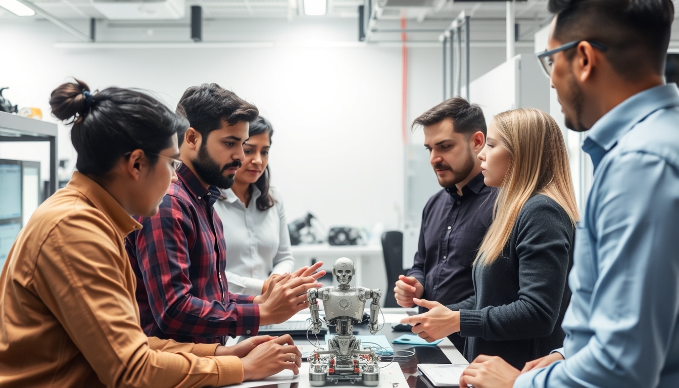 Group of diverse engineers discussing a breakthrough AI project in a high-tech lab. - Image