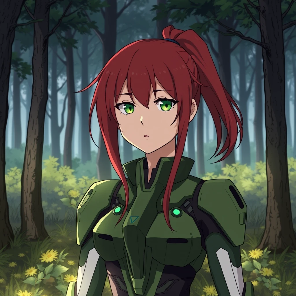 red-haired girl in the forest, green eyes, long hair, ponytail, calm and serious, mecha suit, in the style of Conrad Roset, Honkai Star Rail, Yoneyama Mai