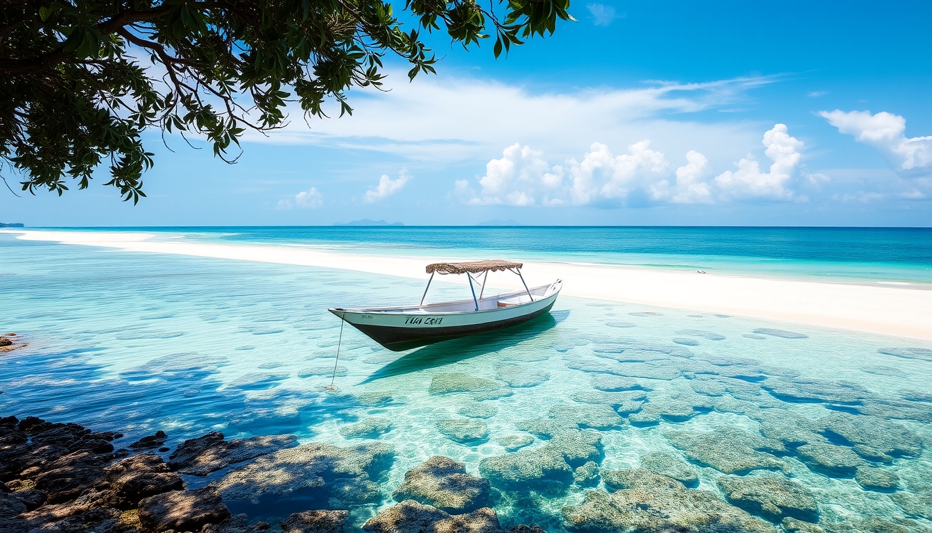 A tranquil beach with a glass-bottomed boat floating over a coral reef. - Image