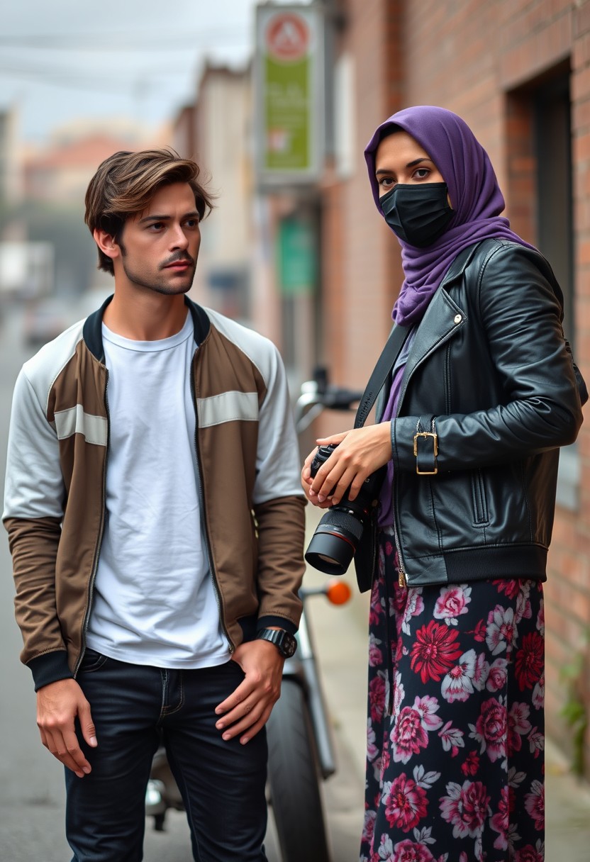 Jamie Dornan and Freddie Prinze head and body shot, handsome, young, serious face, dark brown hair, white t-shirt, collage jacket, skinny jeans, sneakers, standing, discussing each other with a short purple hijab Muslim girl, beautiful eyes, face mask black, black leather jacket, biggest floral skirt, holding a DSLR Canon camera, near town road, superbike, hyper realistic, street photography, brick wall, full body photo.