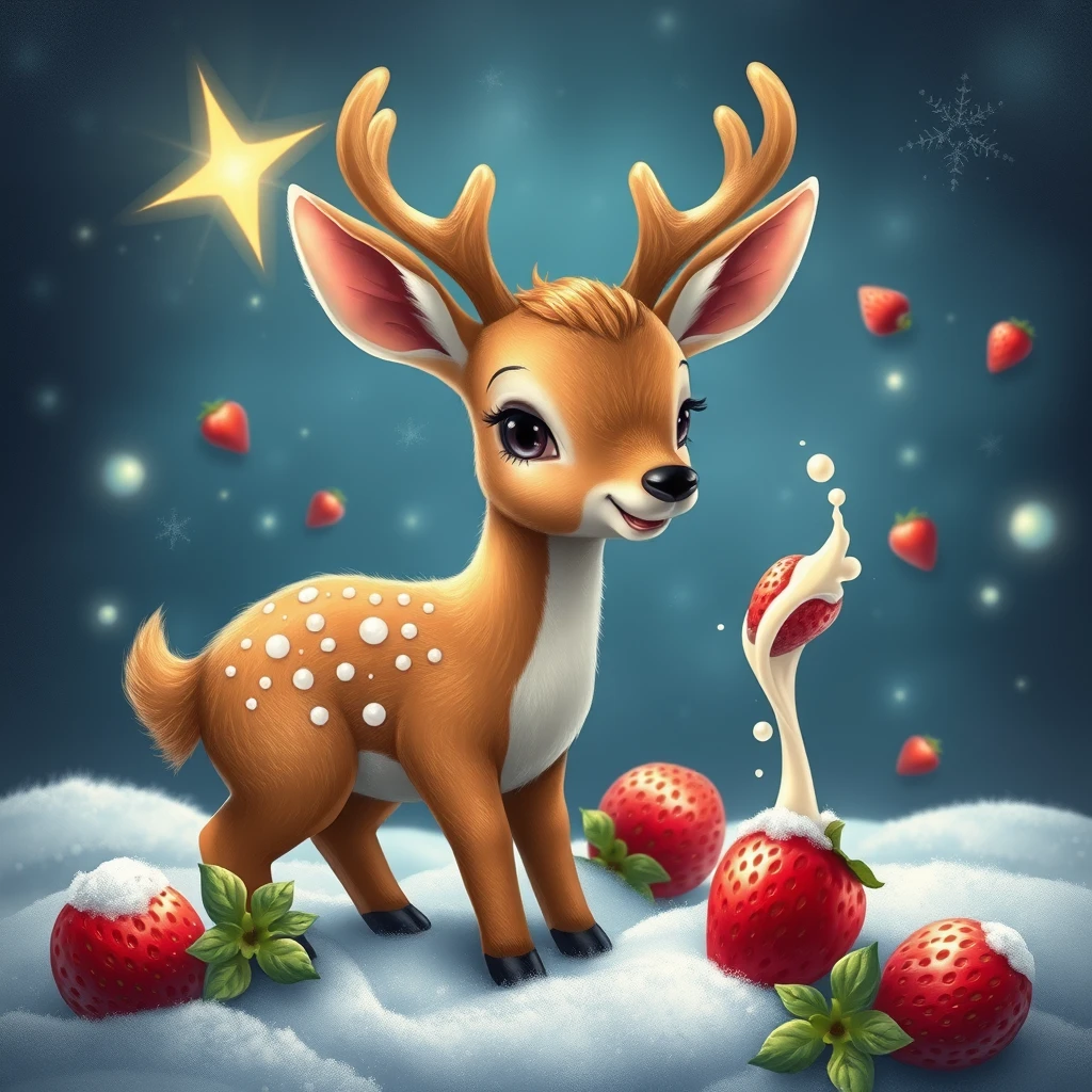 "A cute baby deer that must drink a million strawberry milks on Earth to go to Santa's star, spaceship."