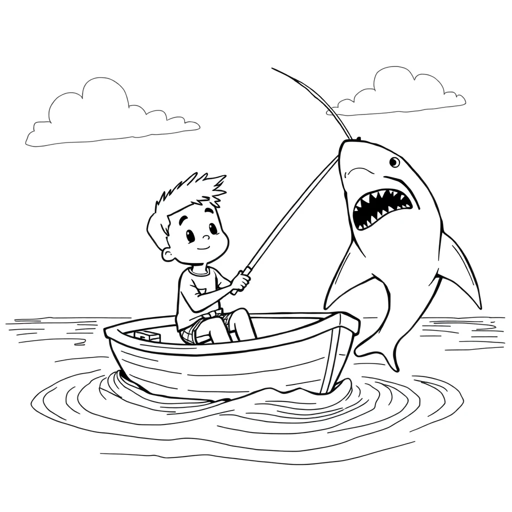 LINE SKETCH CARTOON OF SMALL BOY IN A BOAT WITH A LARGE SHARK AT THE END OF HIS FISHING POLE - Image