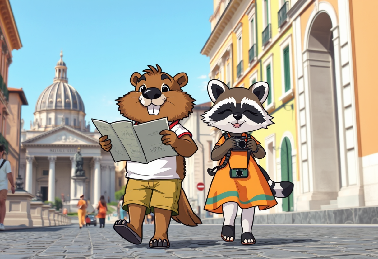 Create a charming scene where a beaver guy dressed in shorts and a t-shirt and a raccoon girl dressed in a bright dress, both smiling, casually strolling through the picturesque streets of Rome. The beaver should hold a map, eagerly pointing out landmarks, and the raccoon should carry a small camera, filming their adventures. The duo should look cheerful and curious, enjoying their whimsical journey together. Surround them with iconic Roman elements. The vibrant colors of the historic buildings should complement the lively atmosphere. This photo should evoke a sense of wonder, camaraderie, and playful exploration in one of the most beautiful cities in the world. Chibi Style, Photorealism. - Image