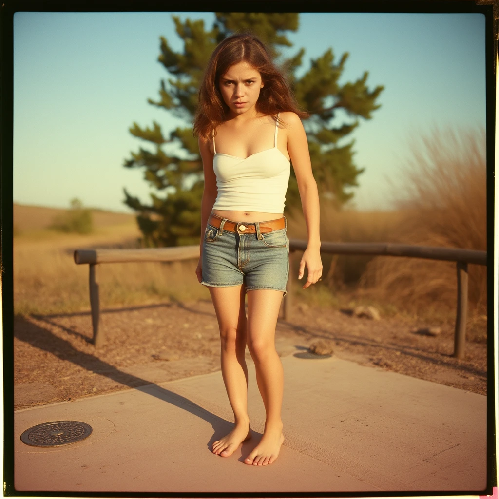 Barefoot teenage angry woman, 1970s, Polaroid