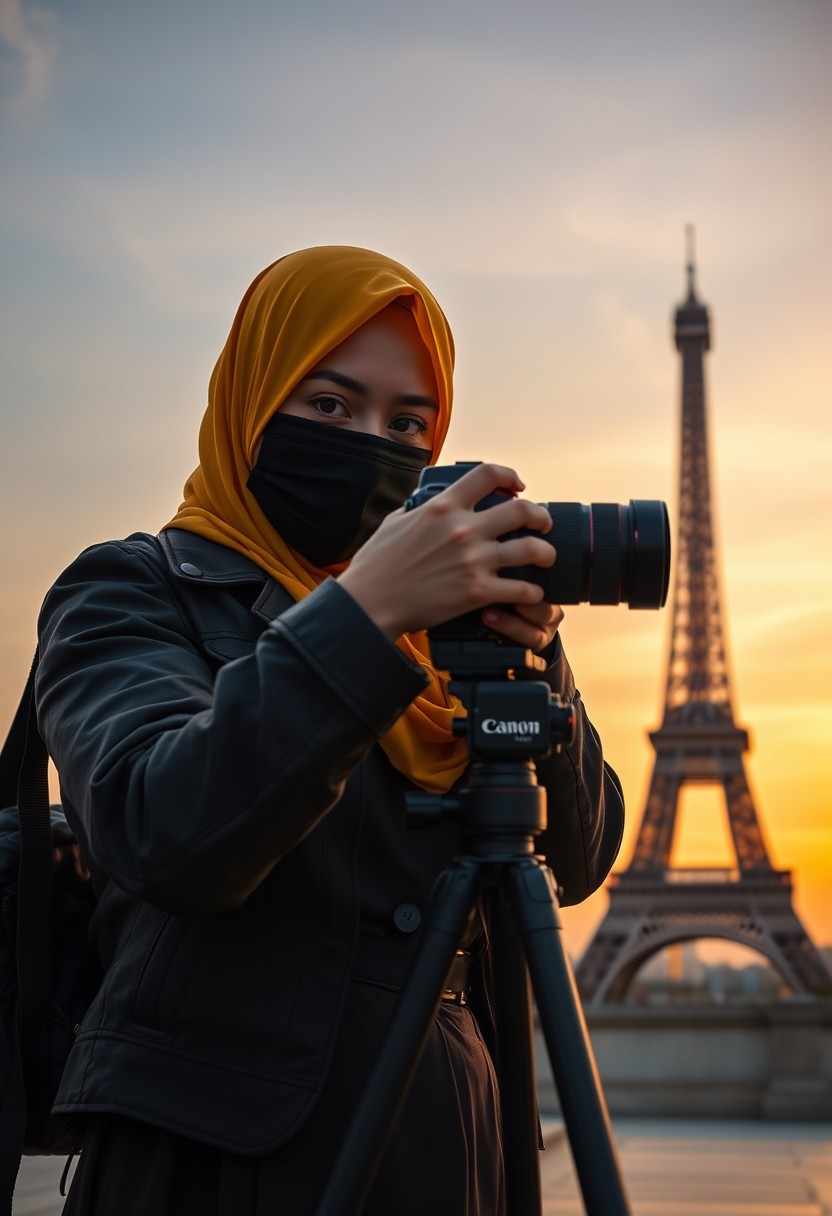 Biggest hijab yellow Muslim girl, beautiful eyes, face mask black, army leather jacket, biggest skirt, camera dslr canon, tripod, taking photos of Eiffel Tower, sunrise, morning scenery, hyper realistic, street photography.