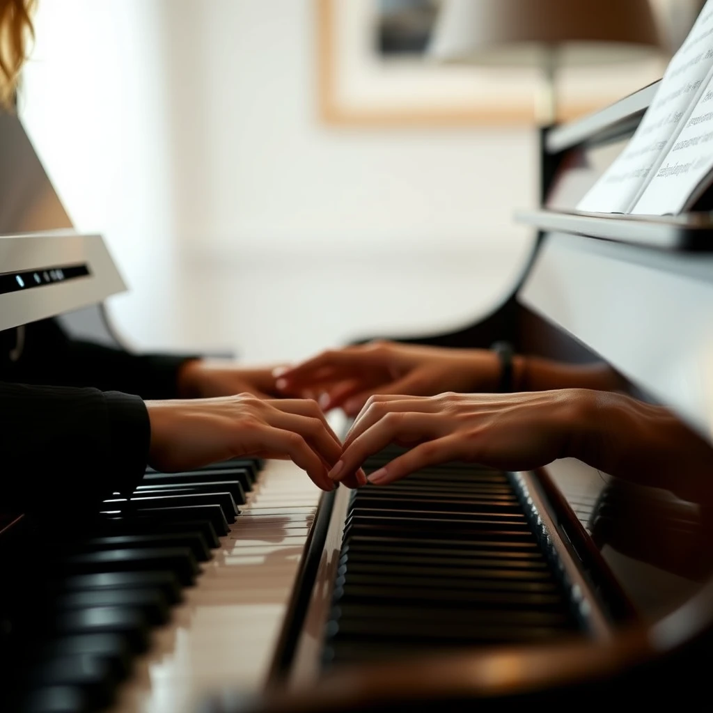 Beautiful female pianist playing the piano, close-up of her hands.