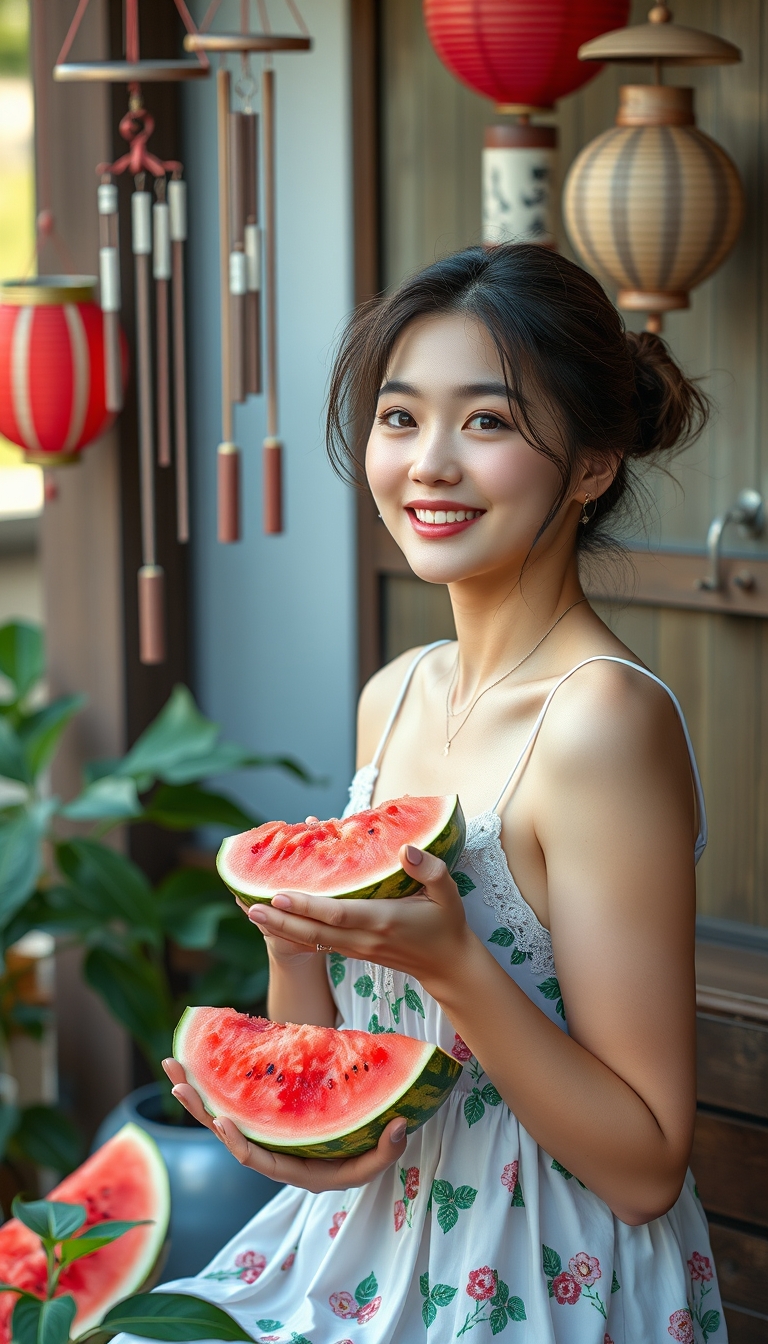 "Summer scenery of Japan
A beautiful woman enjoying watermelon, wind chimes, camisole, Japanese idol,
nostalgic, photorealistic, RAW, HD, 8K."