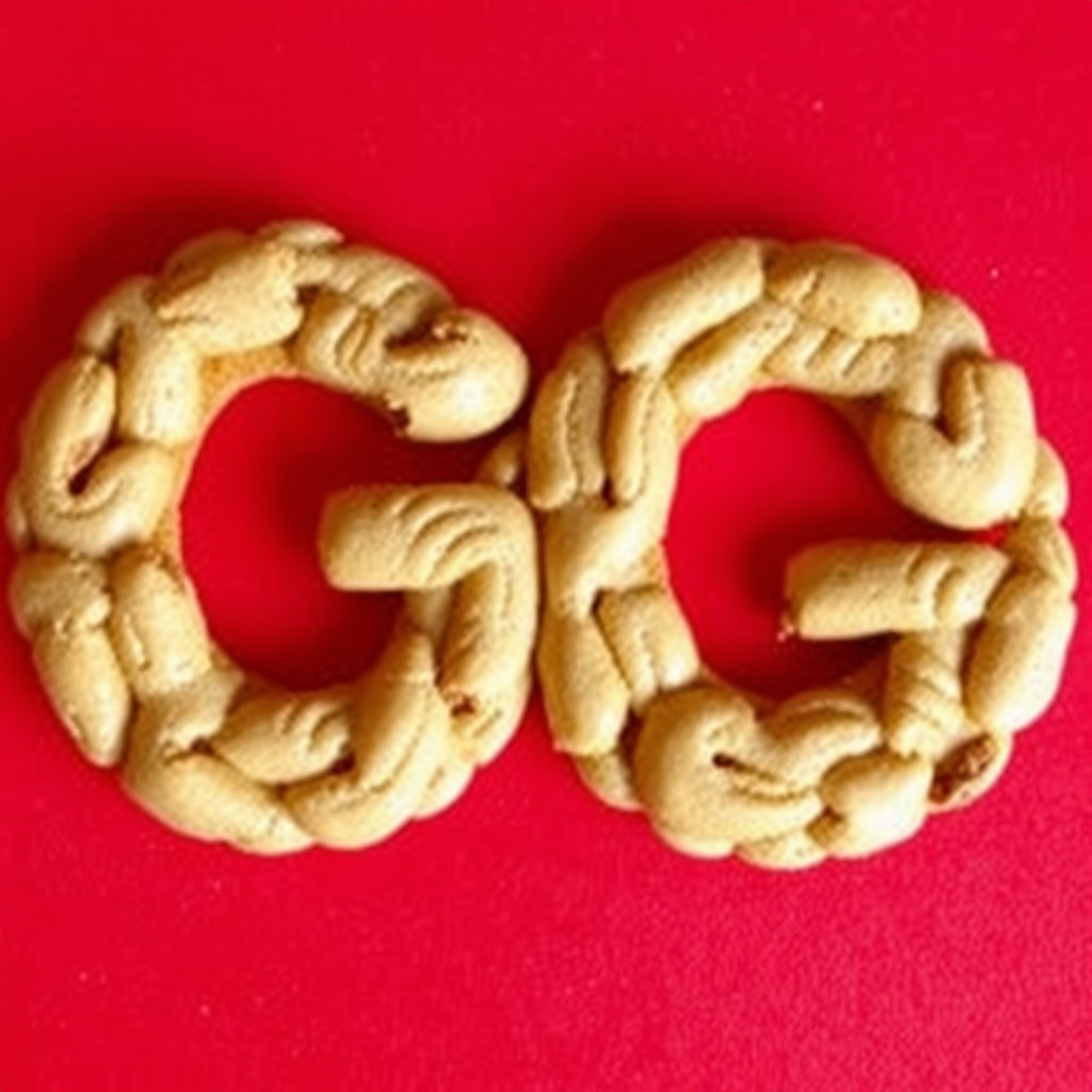 A letter "G" made of nut cookies, red background, realistic photograph.