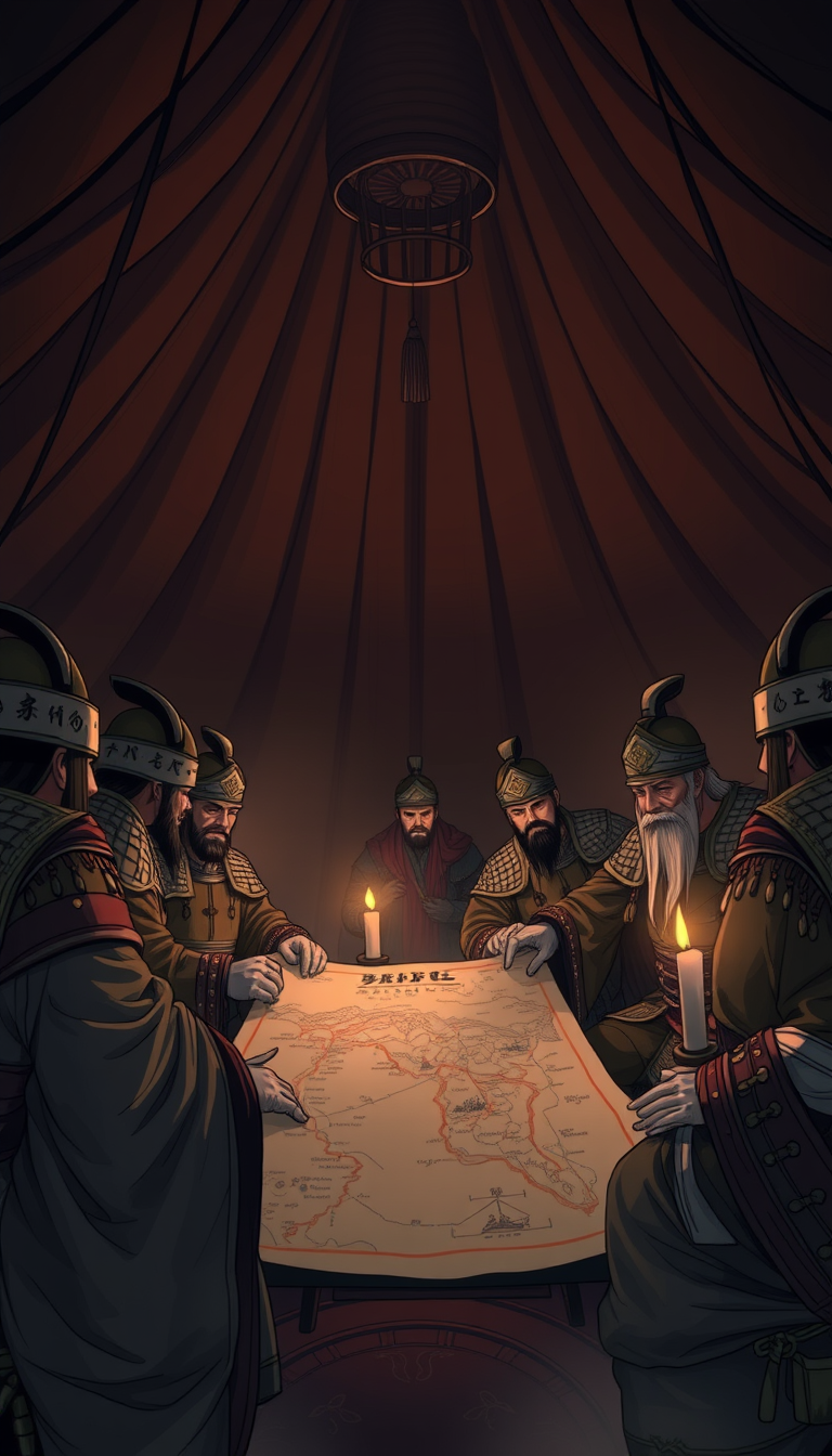 Inside a large tent, several generals in Song Dynasty armor are gathered around a map, their faces serious. The tent is dimly lit, with flickering candlelight adding to the tense atmosphere. The style is manga, emphasizing the seriousness of the discussion. - Image