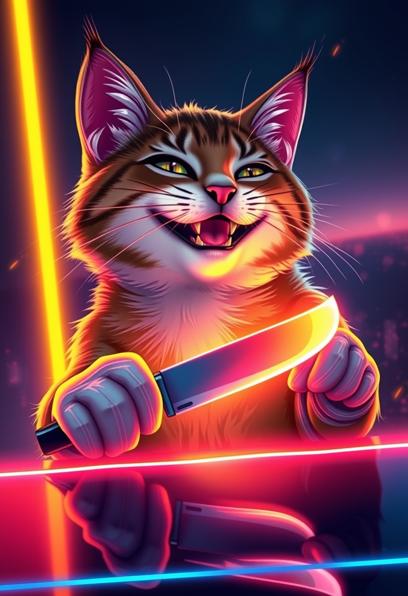 "I want a snack," action-packed grin smile cat with knife in hand, reflecting in glow neon edge, glowing, sparks horizon, detailed mirroring horizon reflecting polychromic space, straight lines, winning award digital art, high detailed. - Image