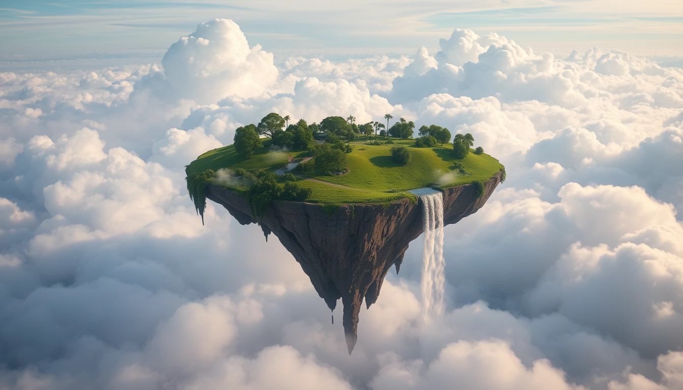 A floating island in the sky, with lush greenery and waterfalls cascading down into a sea of clouds. - Image