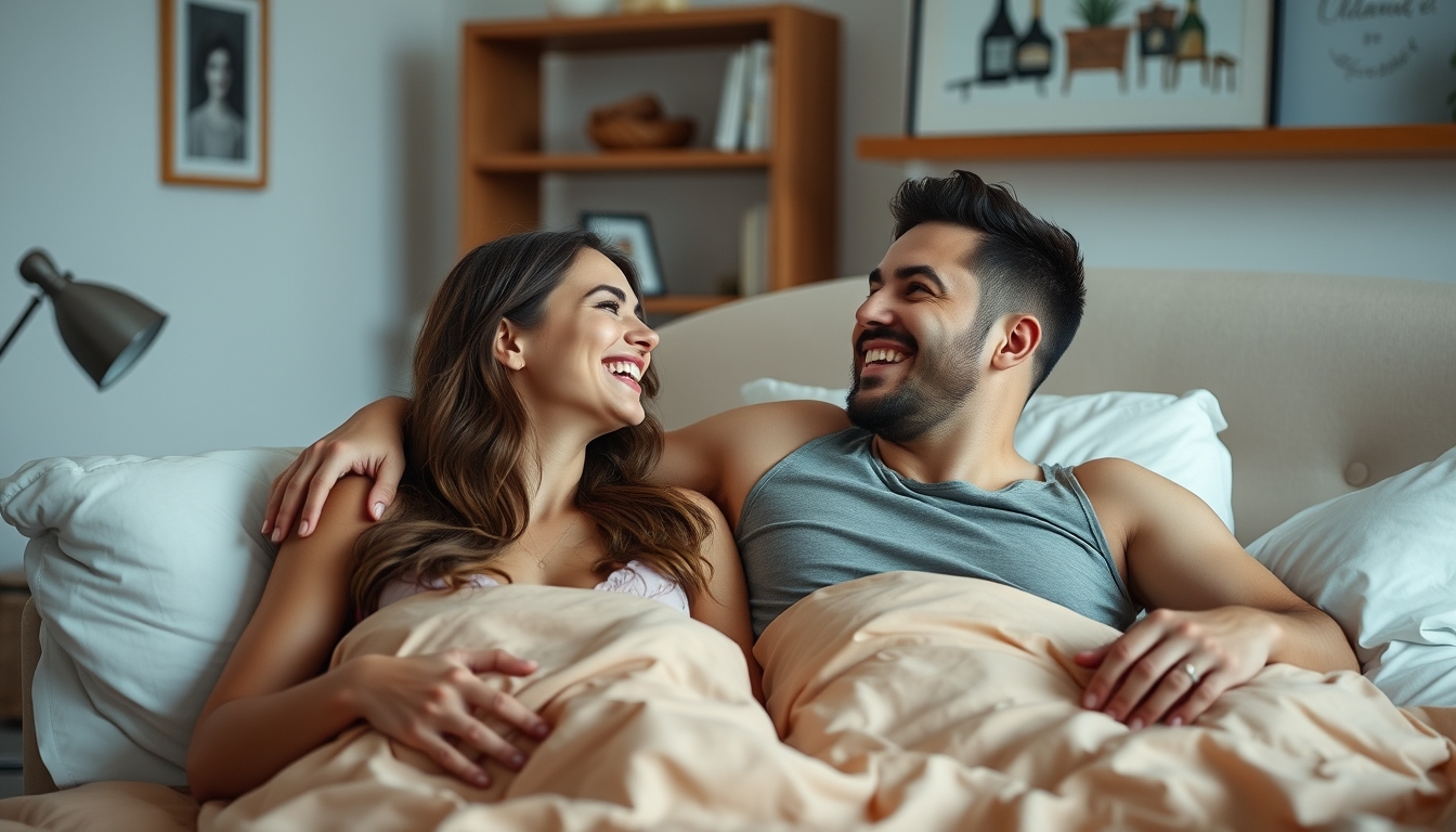 Laughing, a man and a woman are in bed in the morning enjoying love, support, and relaxation in their apartment. Happiness, as a couple being together at home for a date, showing care and sharing comedy or jokes with respect and care for the weekend. - Image