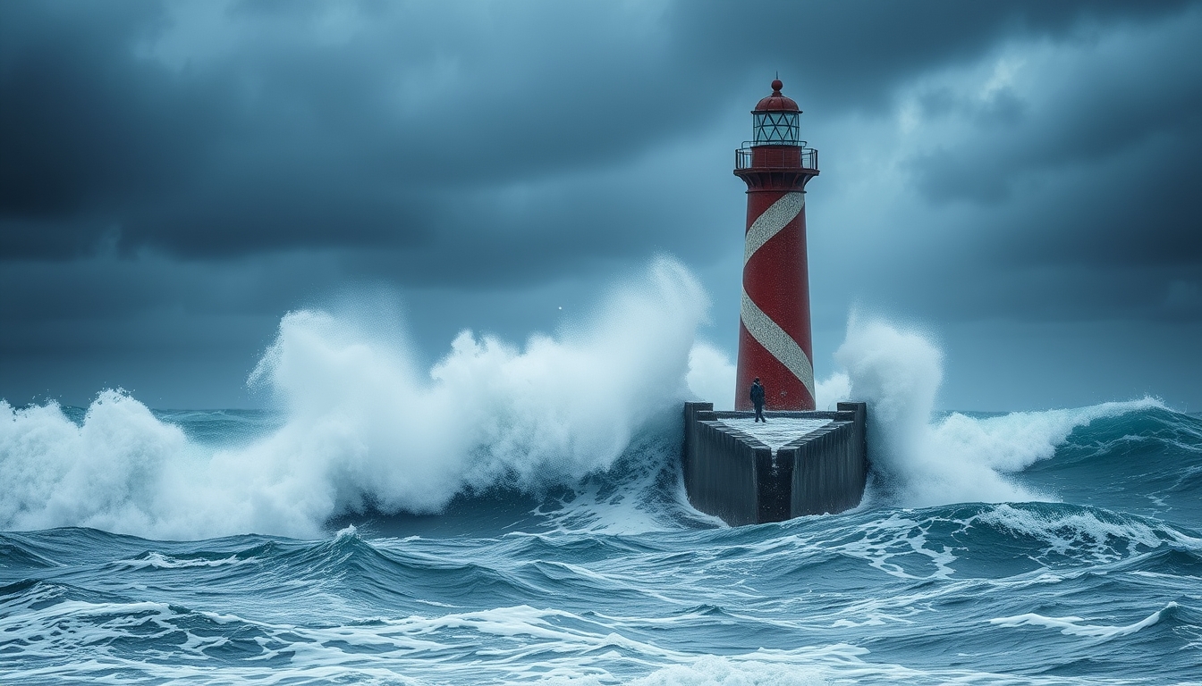 A dramatic stormy sea with a glass lighthouse standing tall against the waves.