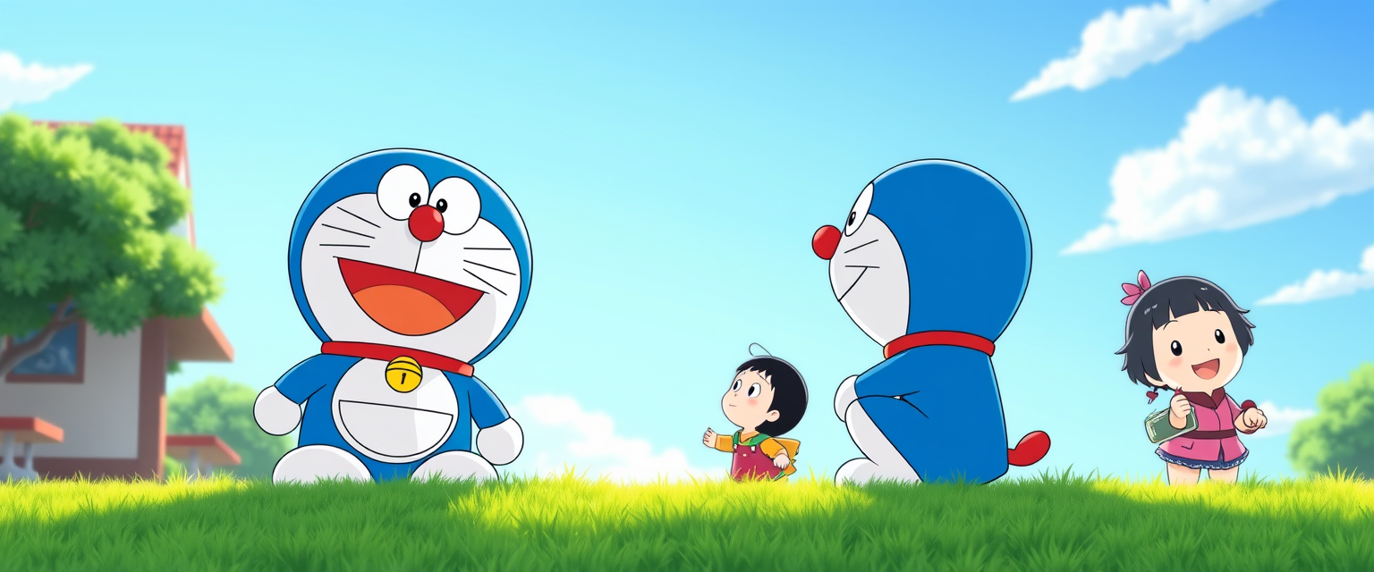 A background for LinkedIn profile, Pixar style, sky blue, Doraemon with Nobita and Shizuka. - Image