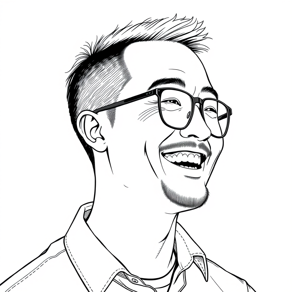 A cool black and white line drawing of a man around 35 years old, with a short back hairstyle, Asian descent, wearing black rimmed glasses for myopia, a slightly short beard on his chin, a shirt, a full face, clean and fresh skin, a slightly chubby physique, and laughing heartily. - Image