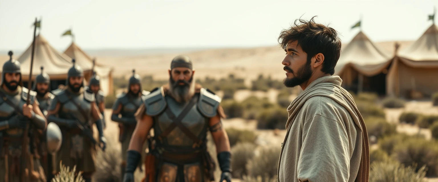 Create a scene of two men facing one another. The man on the right is a young Jewish man in his mid-20s, dressed as a simple shepherd with his arms stretched out to the sides. He has dark, messy, unkempt hair and a beard, looking shocked as he gazes off-camera to the left. The man on the left is a slim Jewish man in his mid-30s, sporting a Jewish beard and wearing only simple biblical-era Israelite armor. A group of four ancient biblical-era Israelite soldiers crowds around the man on the left. In the background, Arabic army tents are pitched on a desert shrubland. The overall mood of the image conveys anxiety and concern.