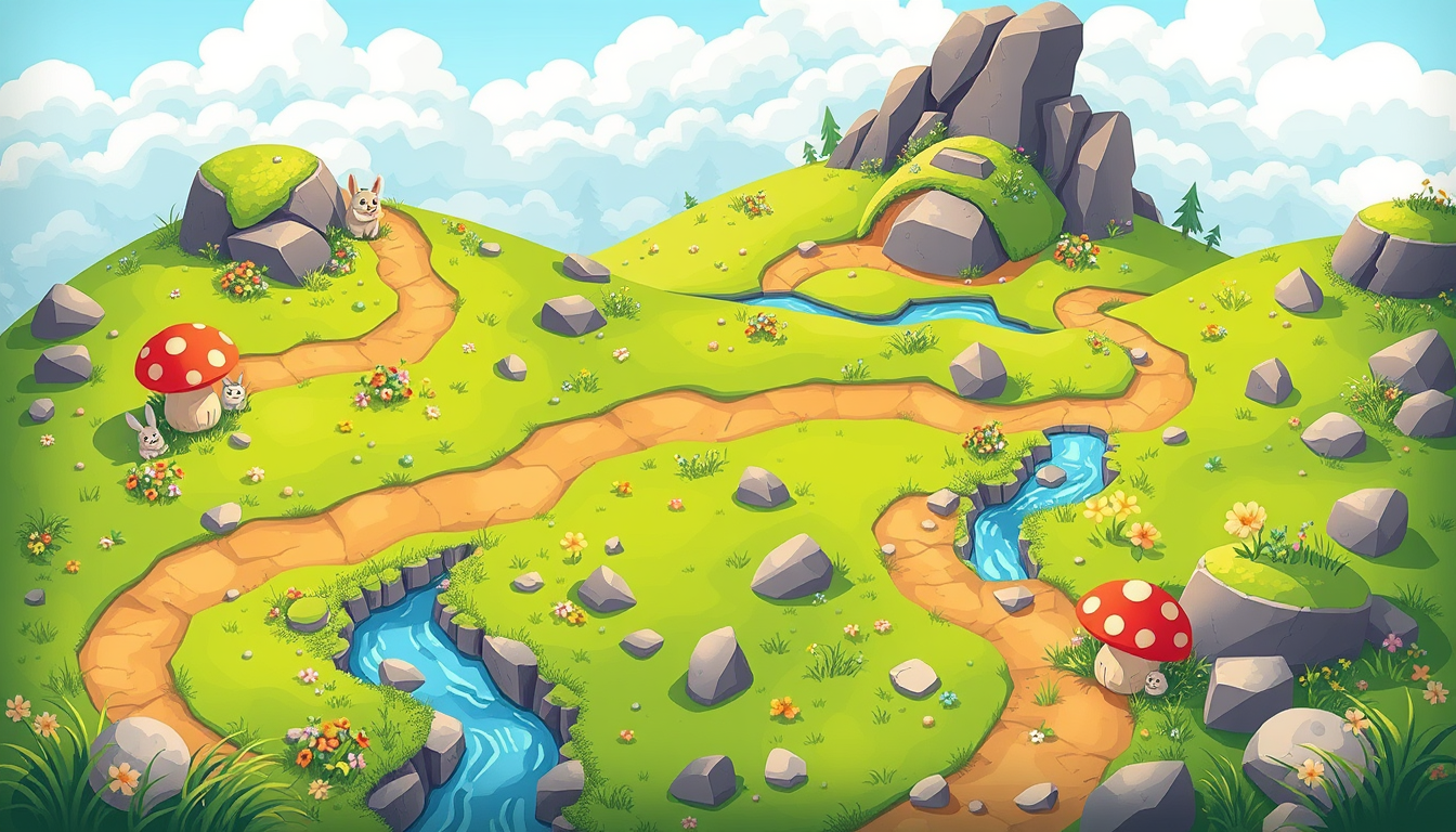 A stylized game map in a vibrant cartoon style, featuring lush green grasslands and small scattered rocks. The map is filled with playful details, such as winding dirt paths that lead to hidden glades, clusters of colorful wildflowers, and tiny streams that wind through the landscape. Scattered throughout the map are whimsical elements like oversized mushrooms, sparkling magical stones, and patches of tall grass that sway gently in the wind. The overall design is lively and engaging, with a focus on creating an inviting, adventure-filled environment. The map is full of hidden surprises, with small, animated creatures like rabbits and birds peeking out from behind rocks and bushes, adding a layer of charm and fun to the scene.