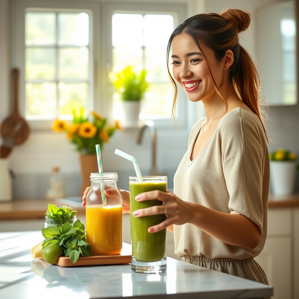 Happy young woman preparing a healthy smoothie in a bright kitchen reflecting the energy and freshness of a sunny morning. - Image