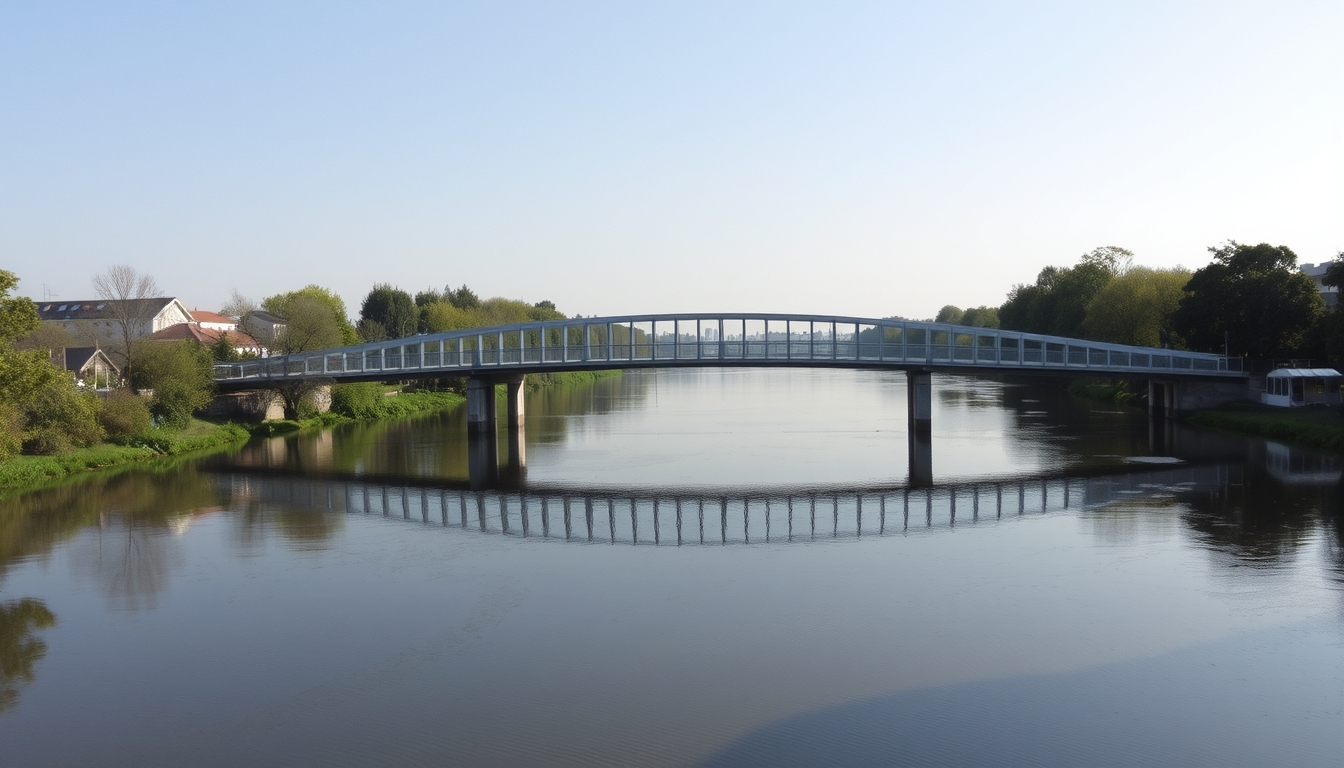 A serene river scene with a glass-bottomed bridge crossing over it.