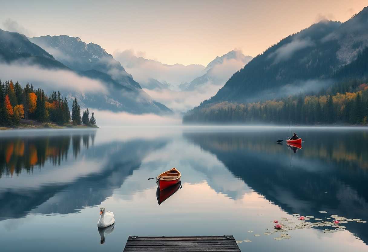 Peaceful, serene lake, mirror-like surface, misty morning, high quality, photorealistic, majestic mountains, pine trees, colorful autumn foliage, reflection, tranquil, secluded, remote, idyllic::0.7 kayaking, canoeing, fishing, wooden dock, rowboat, swans, water lilies, sunrise, sunset