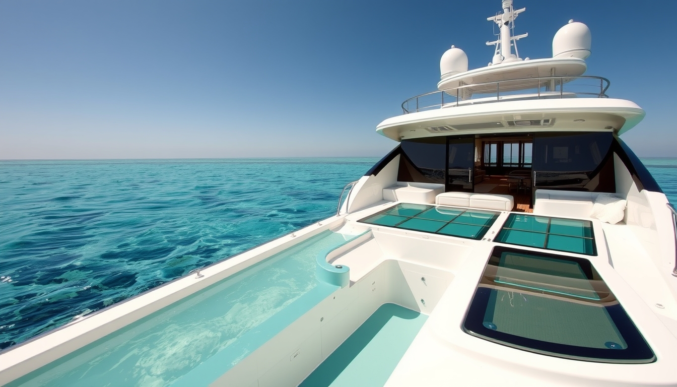 A luxurious yacht with a glass deck, cruising through crystal-clear waters.