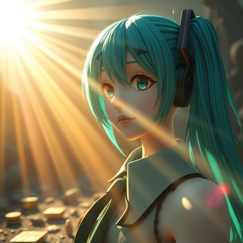 Peculiar environment with god rays, Hatsune Miku, 8K resolution, Blender, close-up.