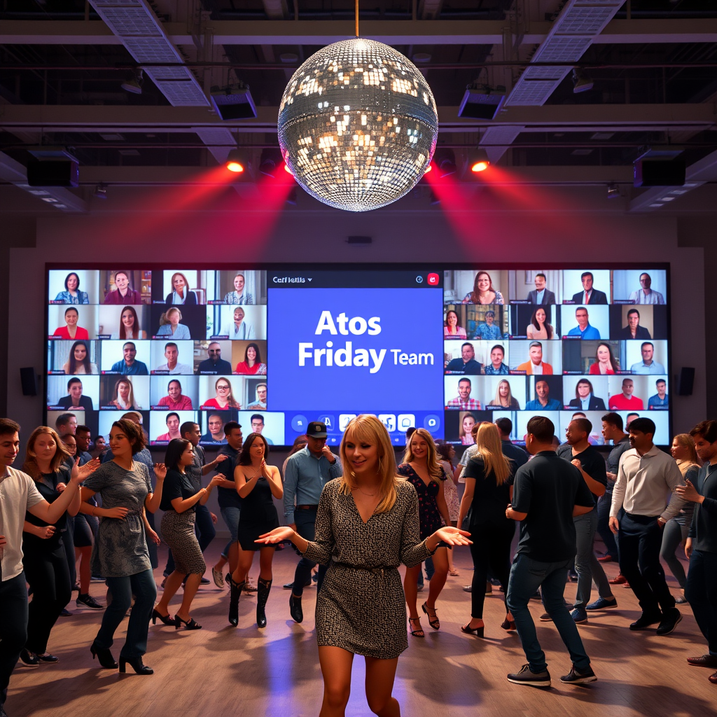 In a large office, a Microsoft Teams meeting with many people takes up a full wall. The title on the screen says "Atos Friday Team." The lighting is disco glimmer ball. There are many people in front of the screen dancing. At the front of the dancers is Taylor Swift.