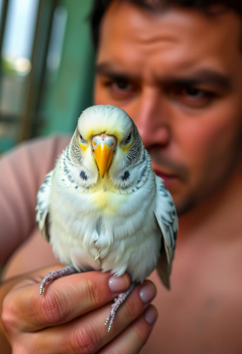 Low resolution photo of a man holding a budgie tightly and aggressively, low resolution, 480p, screenshot, low quality. - Image