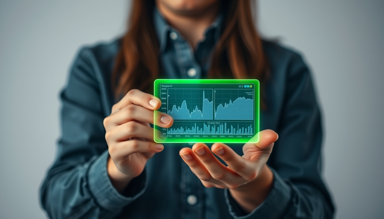 A person is holding a hologram with a green screen displaying graphs. - Image