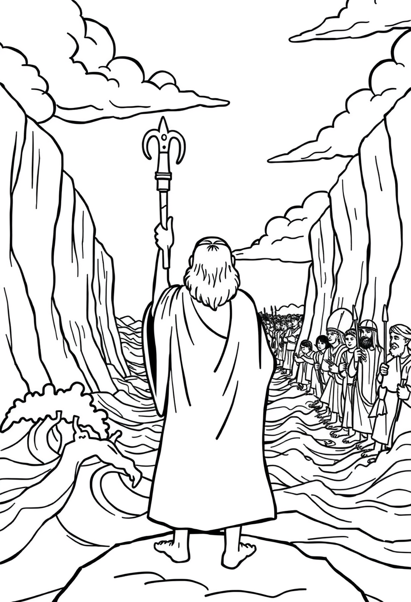 Depict Moses standing with his staff raised, as the Red Sea parts, with walls of water on either side and the Israelites crossing. a coloring book page, cartoon style, thick lines, low details, no shading. - Image