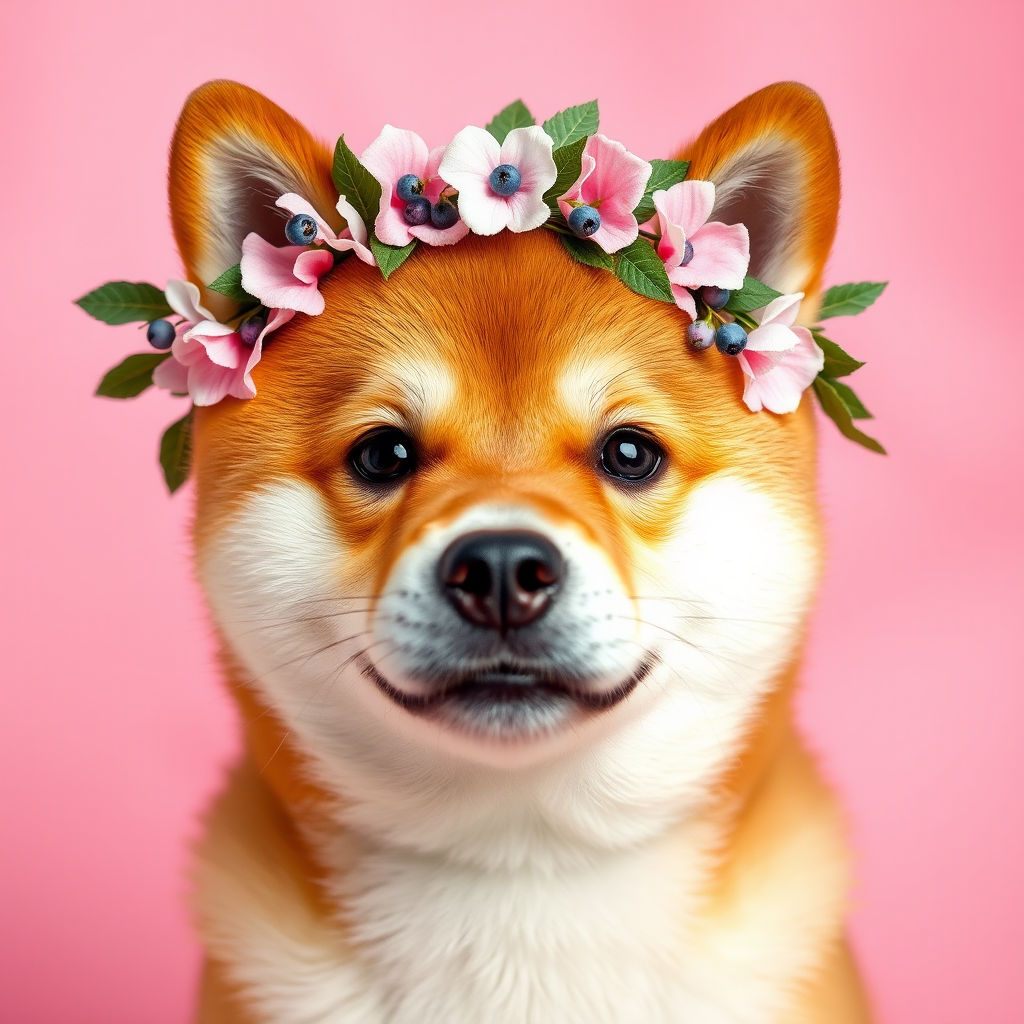 This image features a Shiba Inu's front portrait, adorned with a wreath of pink and white flowers on its head, decorated with green leaves and small blue-purple berries. The background is a soft pink, with a gentle texture that contrasts sharply with the dog's fur, creating a warm and playful atmosphere throughout the scene.